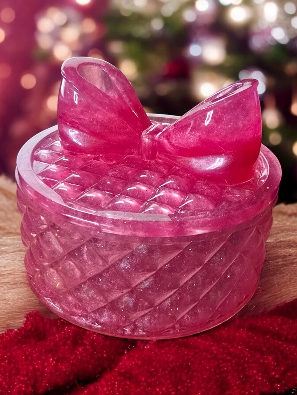 Handmade Rose Pink Resin Trinket And Jewelry Bowl with Bow Lid